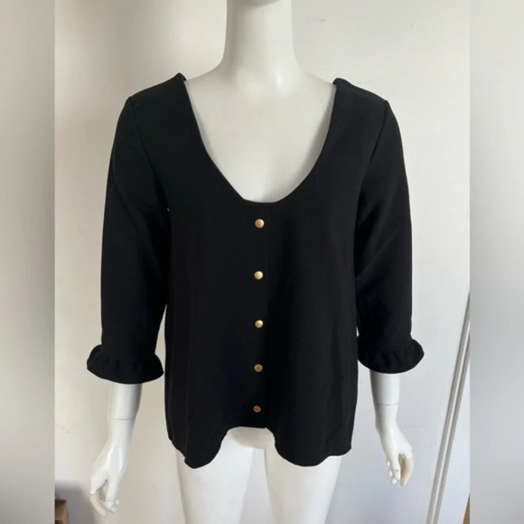 Songe Lab France Black snap front ruffle 3/4 sleeves top blouse - Picture 1 of 8